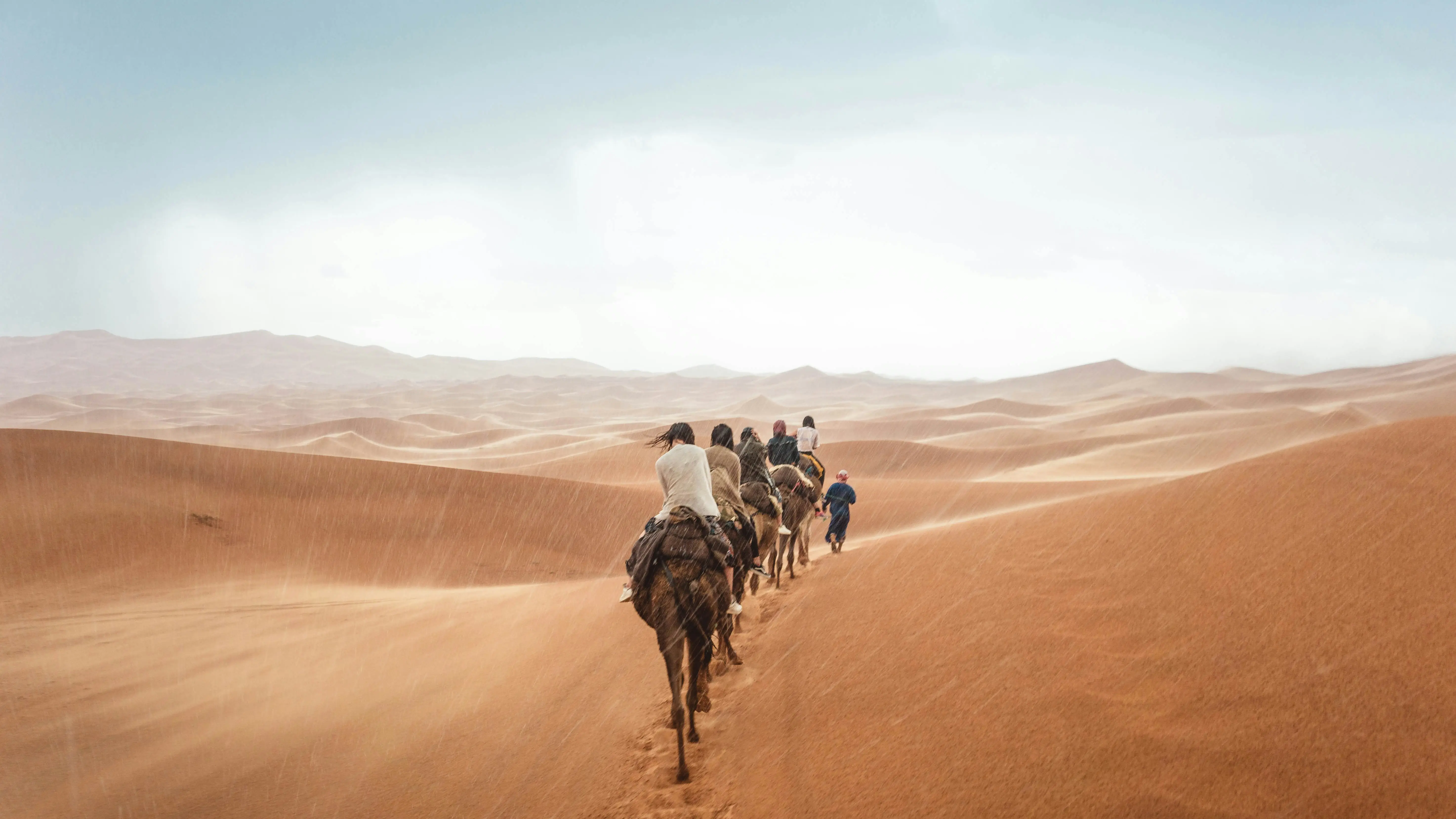 Travelers on camels during sunset in Erg Chebbi dunes with golden sand formations and desert camp in background